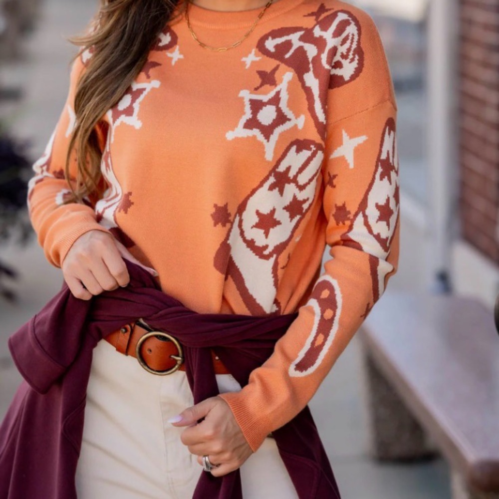 Staccato Western Cowboy Boot Sweater Orange Graphic Pullover Size Small
